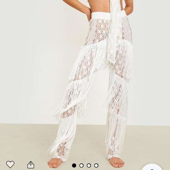 NWT BOOHOO white fringe swimsuit cover up co ord set beachwear - size medium - Picture 2 of 4